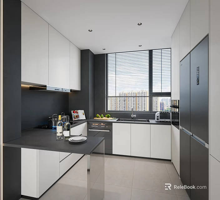 Modern Kitchen Interior Design With White Black Cabinets Island Counter Blinds And City View 3d model 