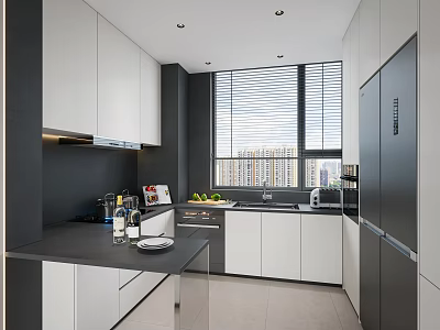 Modern Kitchen Interior Design With White Black Cabinets Island Counter Blinds And City View 3d model