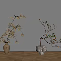 Elegant Decorative Ornament Set With Beige White Vases Bamboo Branches On Gray Wall Wooden Floor