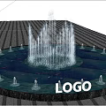 Circular Fountain With Water Jets And Surrounding Lighting On Striped Pavement