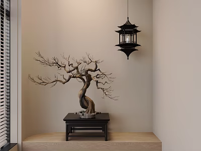 Artistic Bonsai Tree Sculpture Placed On Black Table With Hanging Lantern And Window Blinds 3d model