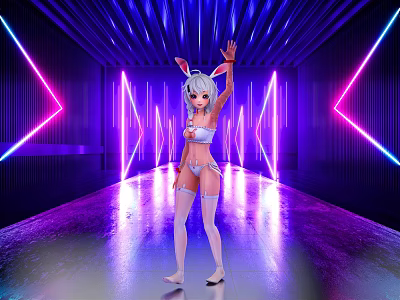 Game Movie Character Bunny Eared In Lingerie Under Purple Pink Neon Lights On Shiny Floor 3d model