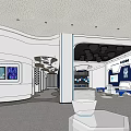 Future Tech Exhibition Interior With Circular Blue Ceiling Device And Purple Structure 3d model