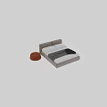 Modern Stylish Double Bed with Beige Frame White Pillows Black Blanket and Round Stool