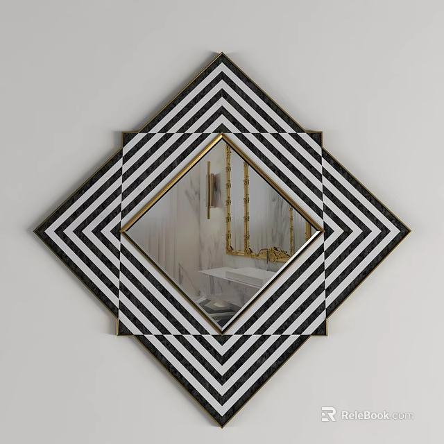 Geometric Wall Mirror With Black And White Striped Frame And Gold Accents 3d model 
