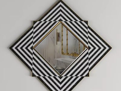 Geometric Wall Mirror With Black And White Striped Frame And Gold Accents 3d model