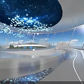 Modern Curved Interior Space Featuring Starry Sky Ceiling White Bird Decorations And City View
