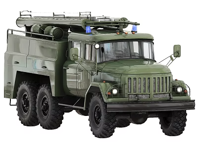 Green Military Truck With Six Wheels And Roof Equipment Blue Lights 3d model