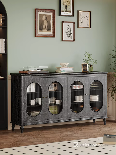 Elegant Dark Sideboard With Glass Doors And Decorative Items Including Books And Plant On Top 3d model 