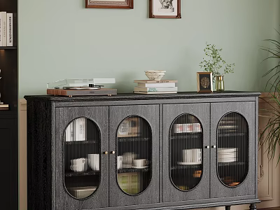Elegant Dark Sideboard With Glass Doors And Decorative Items Including Books And Plant On Top 3d model