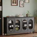 Elegant Dark Sideboard With Glass Doors And Decorative Items Including Books And Plant On Top