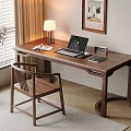 Chinese Style Home Office Setup With Wooden Desk Chair Laptop Lamp And Bookshelf