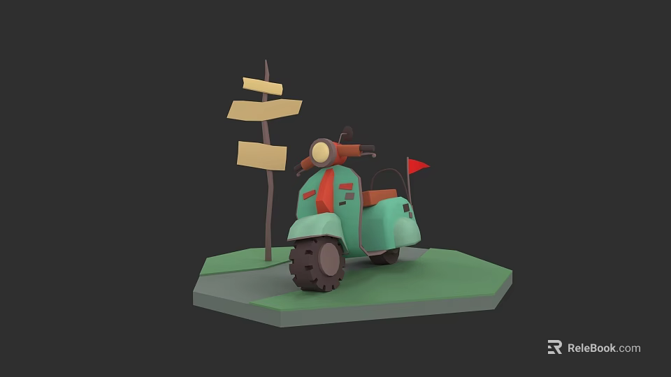 3D Model Green Scooter With Arrow Signpost On Green Platform Black Background 3d model