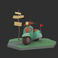 3D Model Green Scooter With Arrow Signpost On Green Platform Black Background 3d model