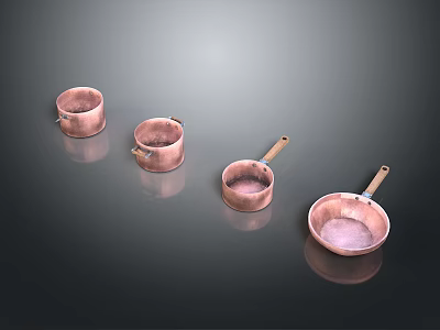Copper Kitchen Cookware Set With Various Sizes Pots And Wooden Handles 3d model
