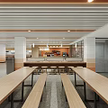 Spacious Dining Hall Interior With Wooden Ceiling And Tables 3d model