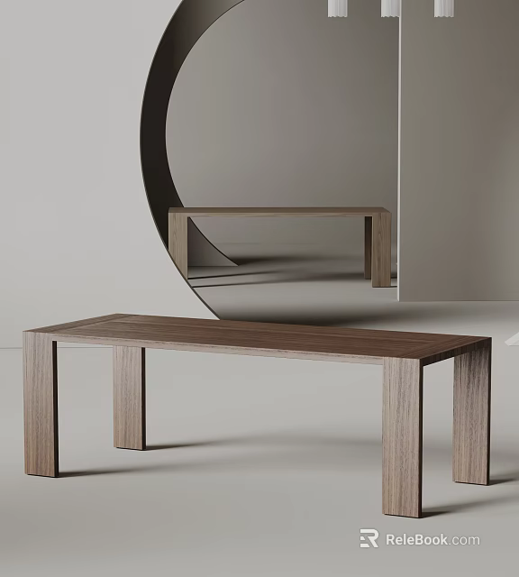 Modern Long Wooden Dining Table with Minimalist Design and Mirror Reflection 3d model