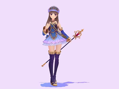 Game and Movie Character in Blue Purple Outfit Holding Red Gem Staff and Decorative Headdress 3d model