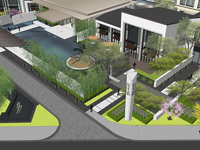 Traditional Modern Garden Landscape Design With Water Features Green Plants And Pathways 3d model