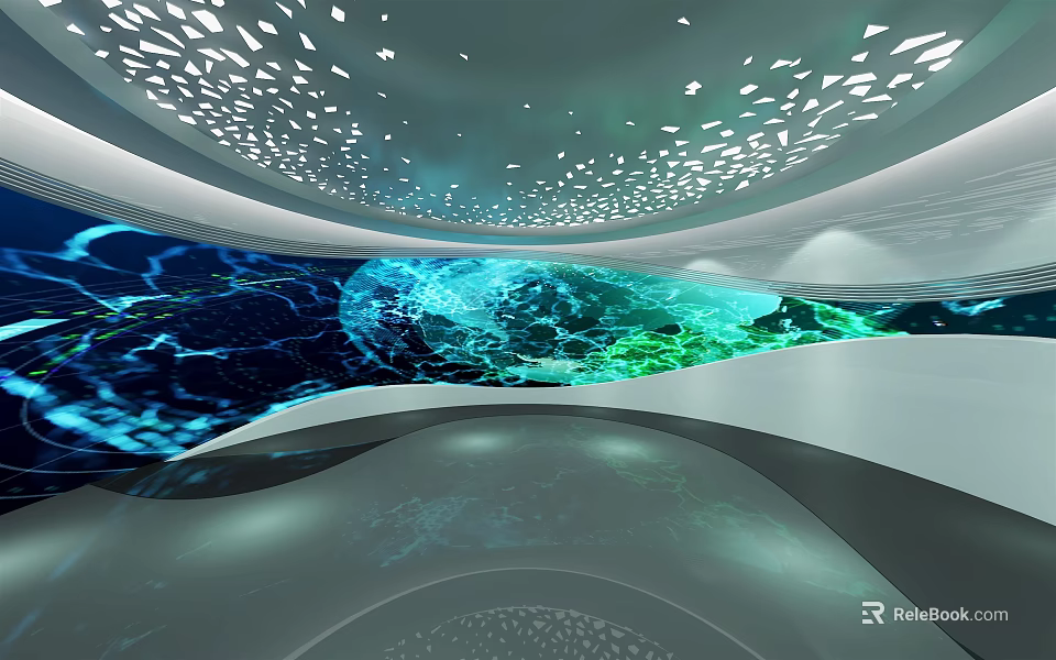 Futuristic Interior Space Featuring Curved Structures Perforated Ceiling And Flowing Light Effects 3d model