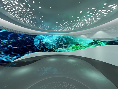 Futuristic Interior Space Featuring Curved Structures Perforated Ceiling And Flowing Light Effects 3d model