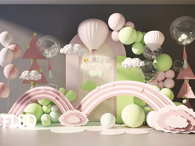 Pastel Happy Birthday Party Decor With Rainbow Arch Balloons Clouds And Hot Air Balloon Ornaments 3d model