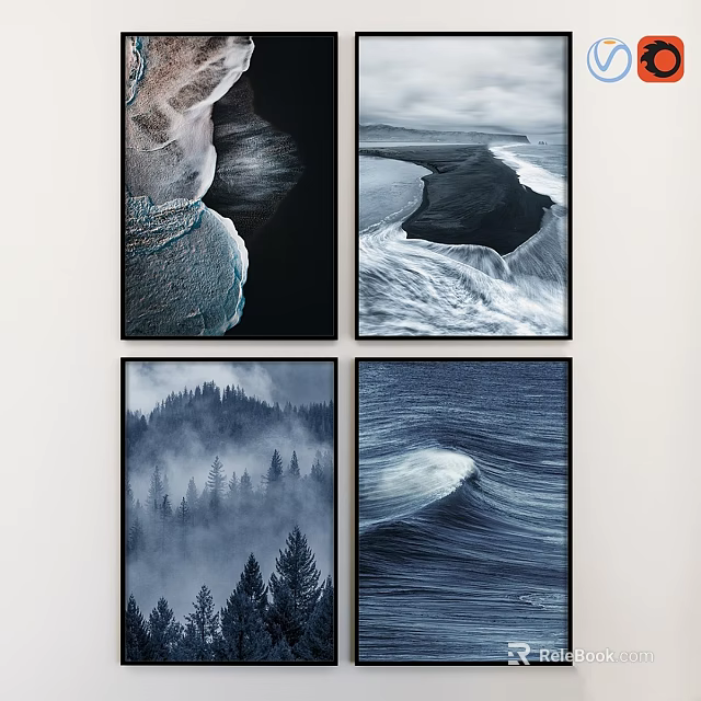Modern Black Framed Wall Art Four Nature Scenes Ocean Waves Forest Trees Home Decor 3d model 