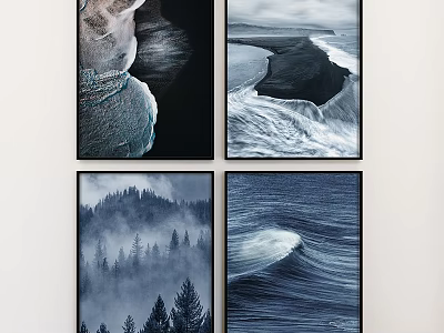 Modern Black Framed Wall Art Four Nature Scenes Ocean Waves Forest Trees Home Decor 3d model