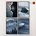 Modern Black Framed Wall Art Four Nature Scenes Ocean Waves Forest Trees Home Decor