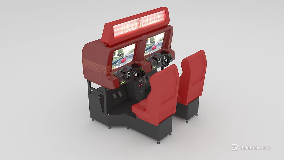 Two Player Pro Racing Arcade Game Machine with Red Seats and Steering Wheels 3d model