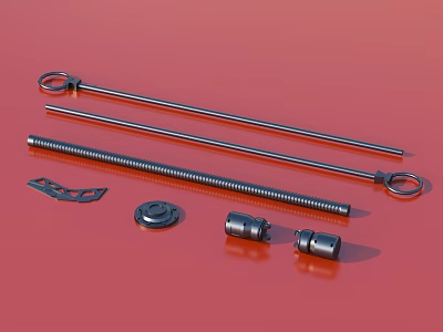 Metal Mechanical Parts Including Rods Spring Washer And Clip On Red Background 3d model