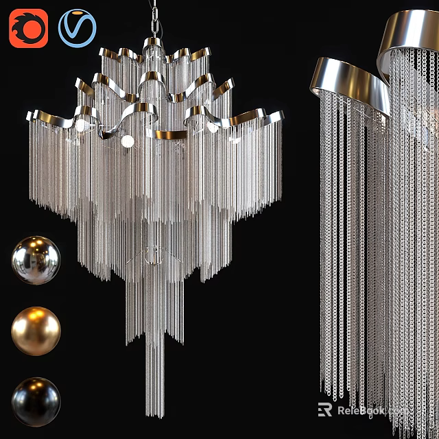 Elegant Modern Crystal Chandelier with Hanging Tassels and Metallic Spheres 3d model 
