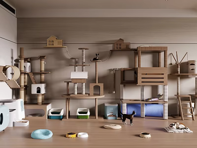Indoor Cat Supplies With Multilevel Cat Trees Beds And Bowls 3d model