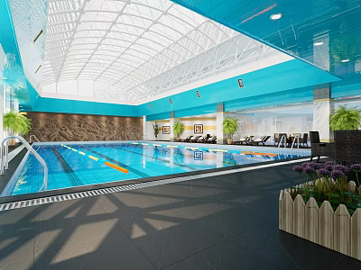 Indoor Swimming Pool With Blue Water Lounge Area Natural Light And Green Plants 3d model