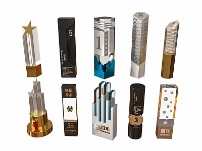 Diverse Trophies and Medals with Star Shaped Columns Metal Bases and Unique Designs 3d model