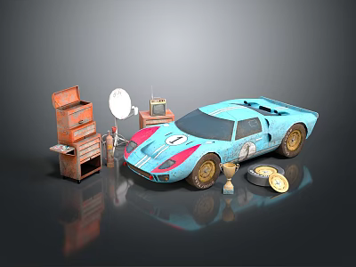 Blue Classic Race Car With Vintage Radio Wooden Cabinet And Trophies 3d model