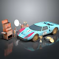 Blue Classic Race Car With Vintage Radio Wooden Cabinet And Trophies