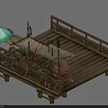 Rustic Wooden Bridge With Green Umbrella And Decorative Flags On Scenic Platform
