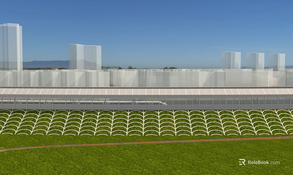Well Designed Road Facilities With Green Lawn Guardrail And Distant Buildings View 3d model 