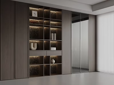 Modern Wooden Bookcase Interior Design With Illuminated Shelves And Decorative Items 3d model