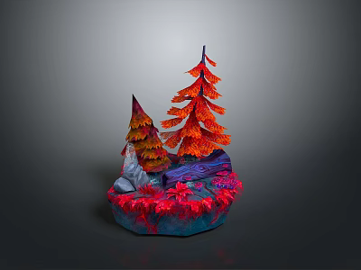 Colorful Paper Art Scene Model With Red Orange Trees And Rock Base 3d model