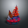 Colorful Paper Art Scene Model With Red Orange Trees And Rock Base