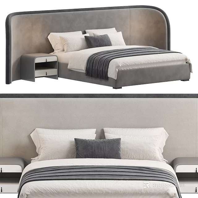 Modern Double Bed with Upholstered Headboard Nightstand White Pillows and Striped Blanket 3d model 