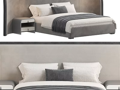 Modern Double Bed with Upholstered Headboard Nightstand White Pillows and Striped Blanket 3d model
