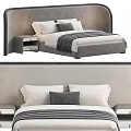 Modern Double Bed with Upholstered Headboard Nightstand White Pillows and Striped Blanket