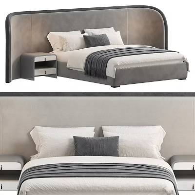 Modern Double Bed with Upholstered Headboard Nightstand White Pillows and Striped Blanket 3d model