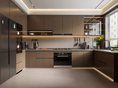 Modern Kitchen Interior With Dark Wood Cabinets Sleek Countertop And Appliances 3d model