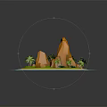 Cartoon Island Scene Featuring Blue Water Green Grass Orange Rocks Palm Trees and Sand Beach
