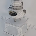 Traditional Cast Iron Stove With Decorative Cutouts And Burning Fire On Wooden Stand
