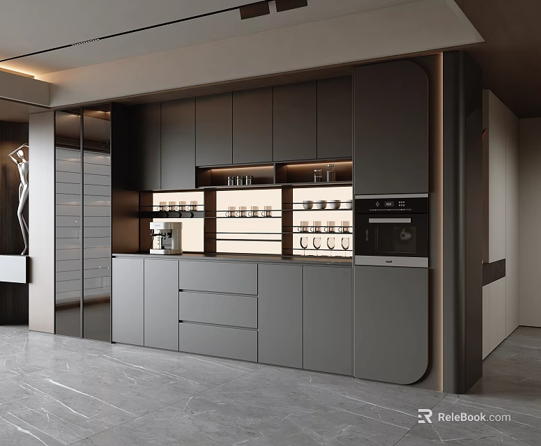 Elegant Modern Gray Sideboard With Cabinets Drawers Shelves And Lighting For Dining Room 3d model 